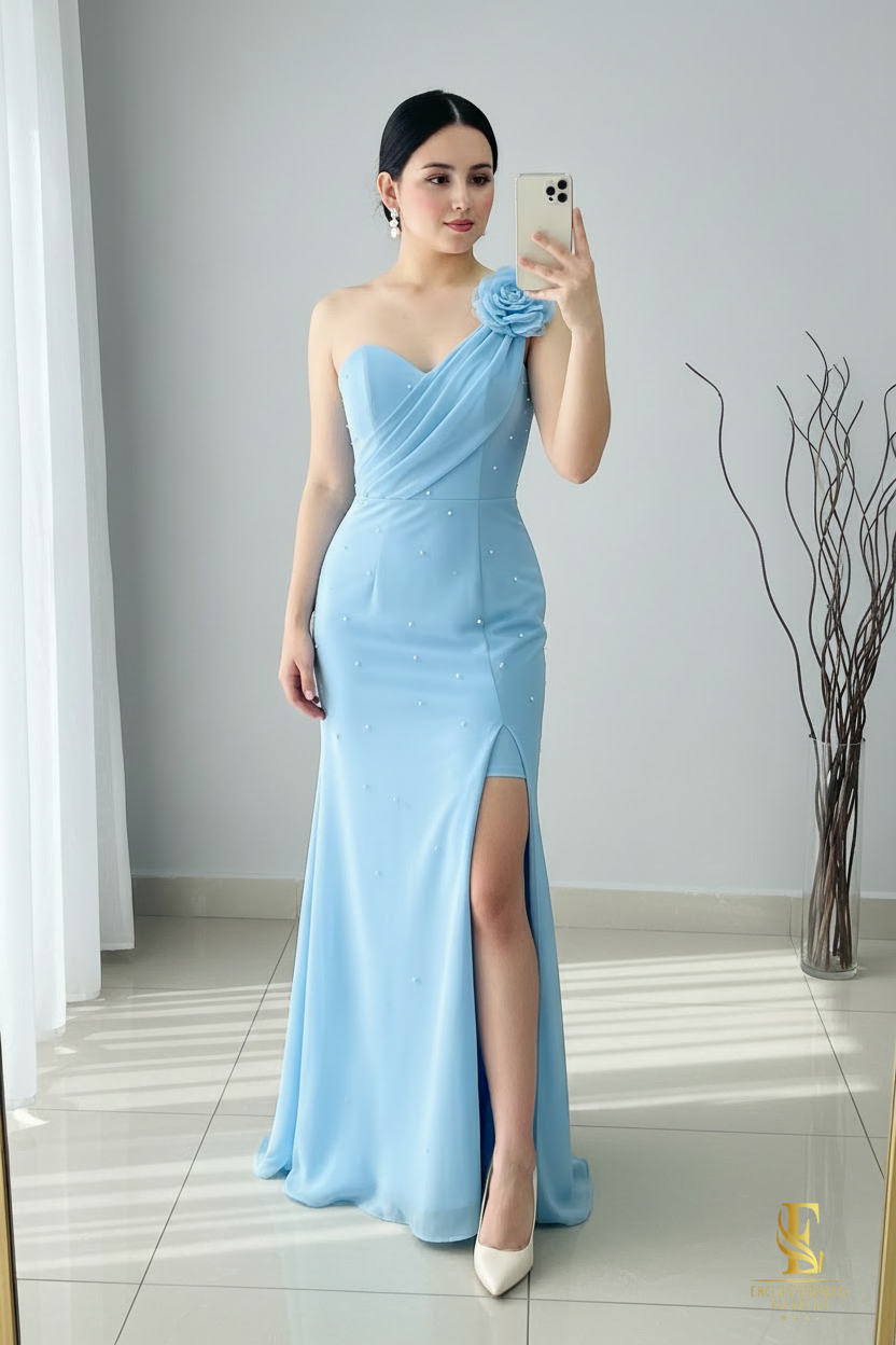 Vestido Azul Cielo Sirena Un Hombro Rosa 3D Perlas Abertura cod.V336