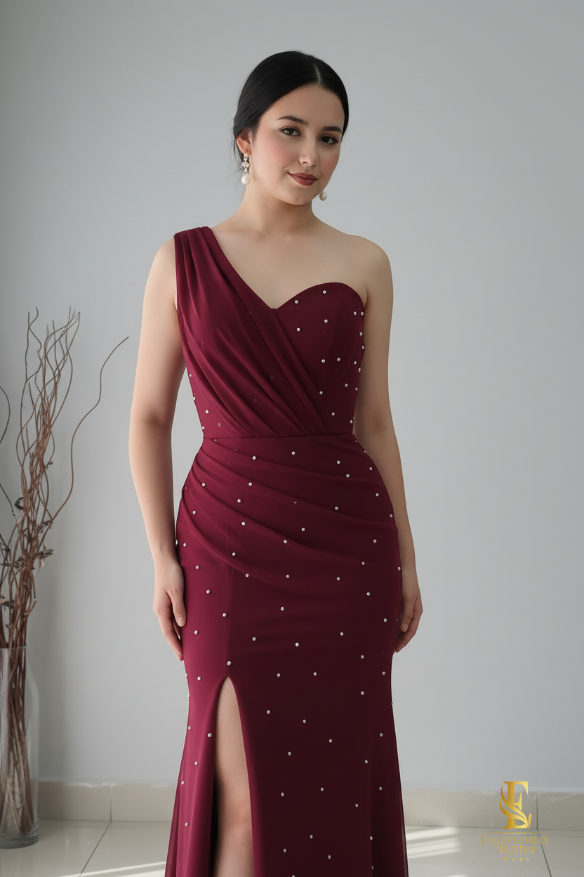 Vestido Vino Sirena Un Hombro Perlas Abertura V331