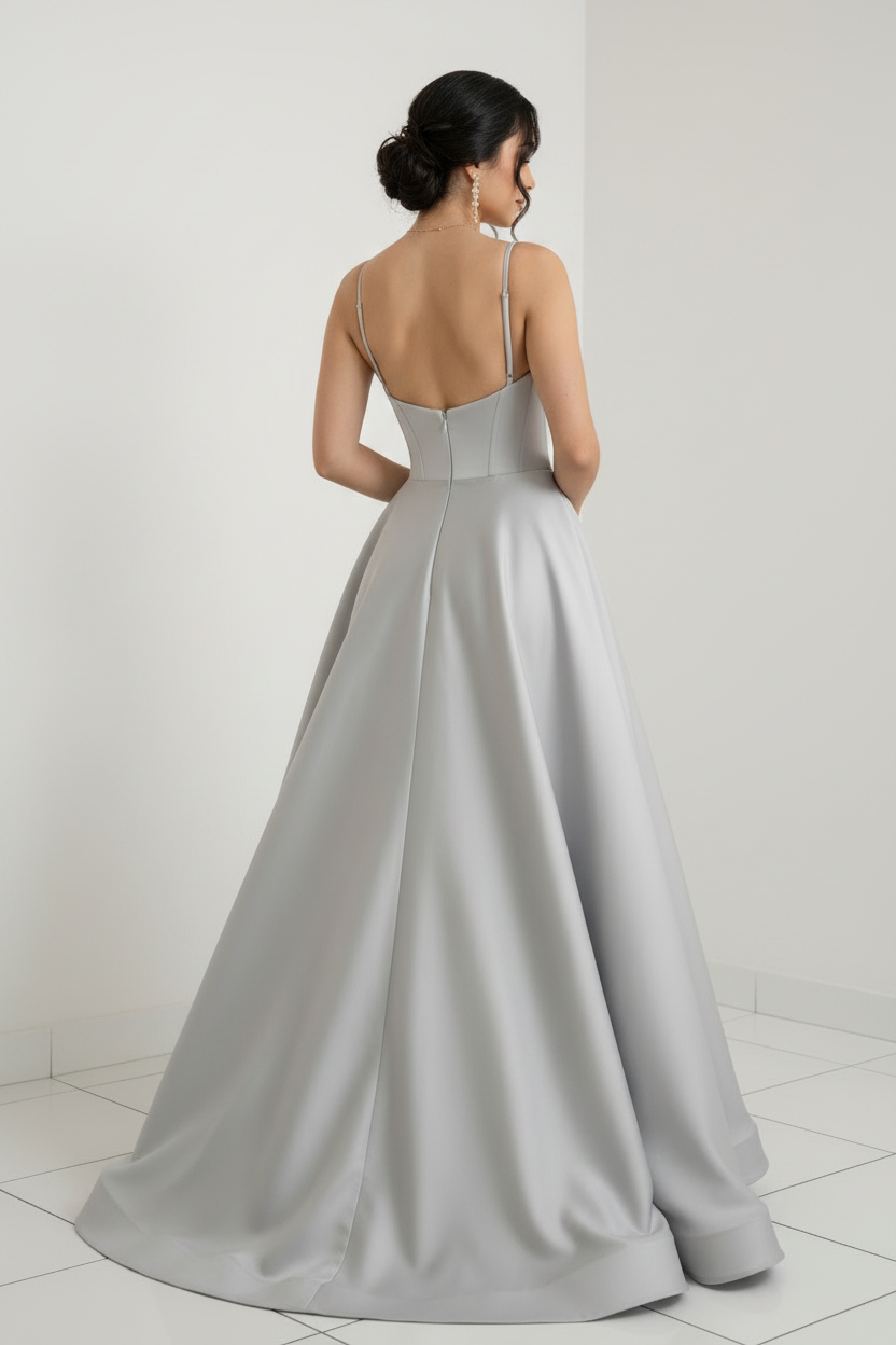 Vestido de Gala Gris Plateado con Rosa D cod.V596