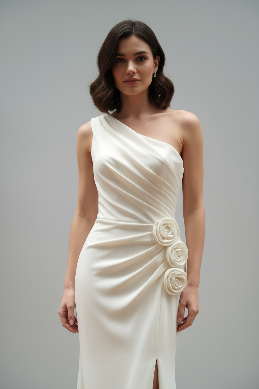 Vestido Crema Un Hombro Rosas 3D cod.V309