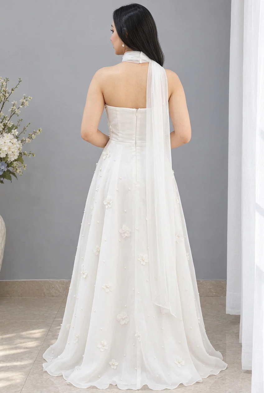 Vestido largo blanco sin tirantes con flores y pañuelo cod. VC035
