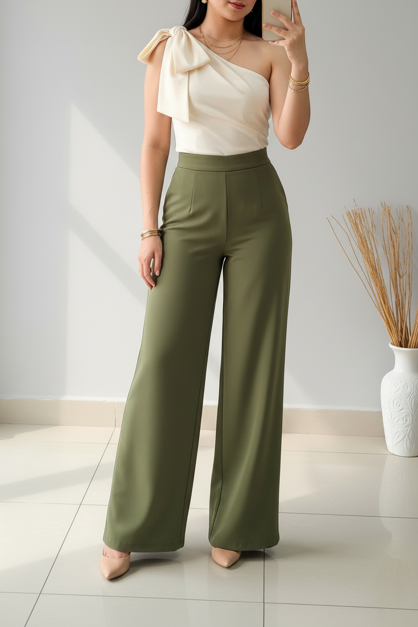 Conjunto Top Un Hombro con Lazo Crema y Palazzo Verde Oliva cod.C549