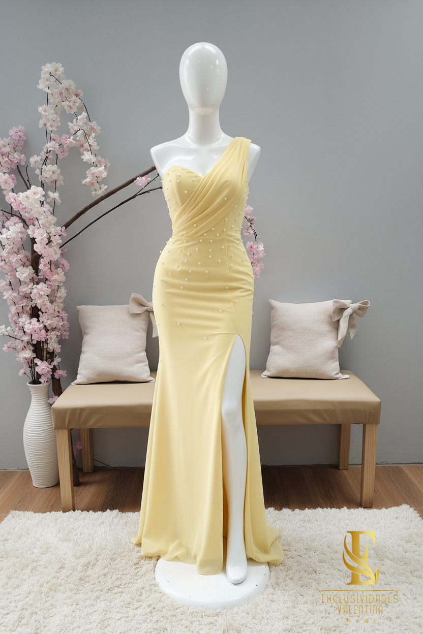 Vestido Amarillo Pastel Sirena Un Hombro Perlas Abertura cod.V335