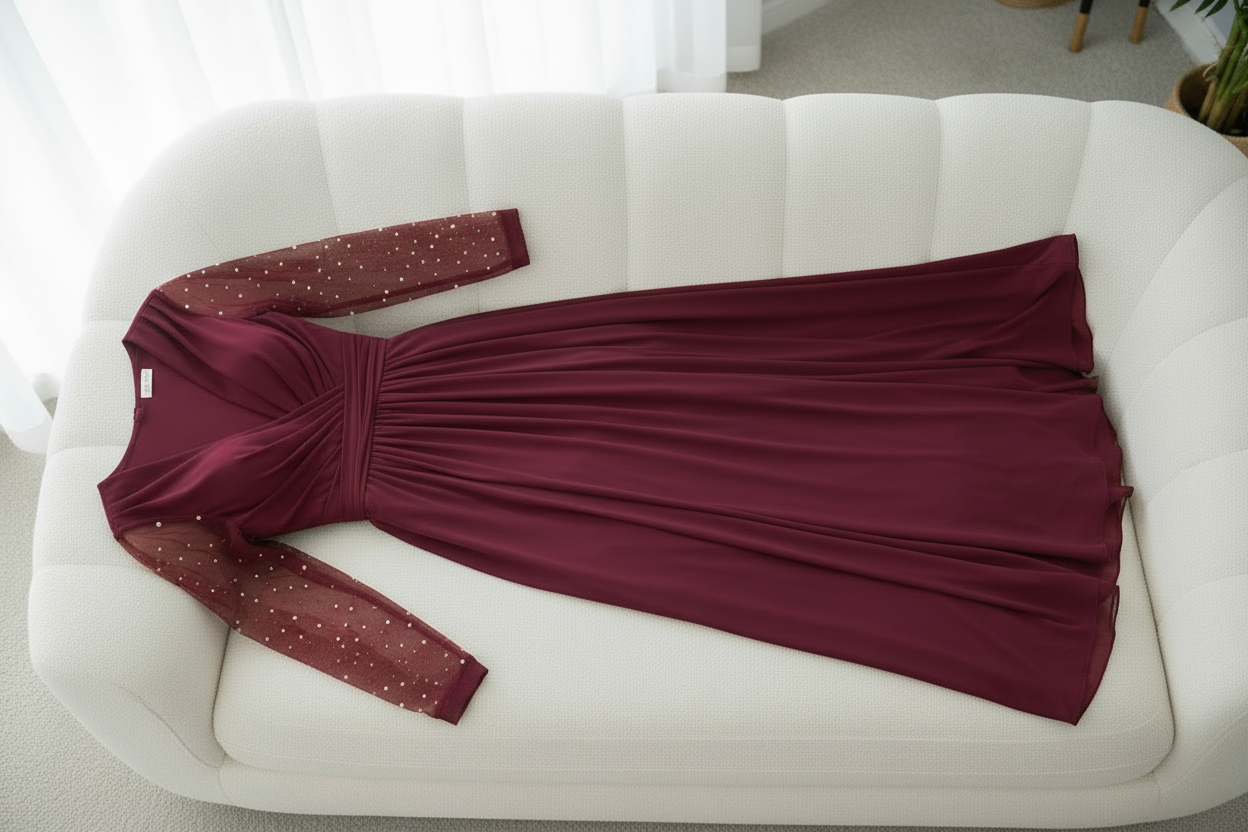 Vestido Vino Borgoña Manga Larga Tul Perlas Abertura cod.V694