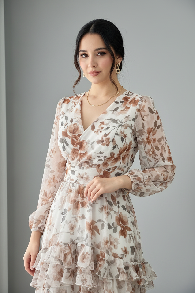 Vestido Crema Floral — Escote V, Volantes & Abertura cod.864