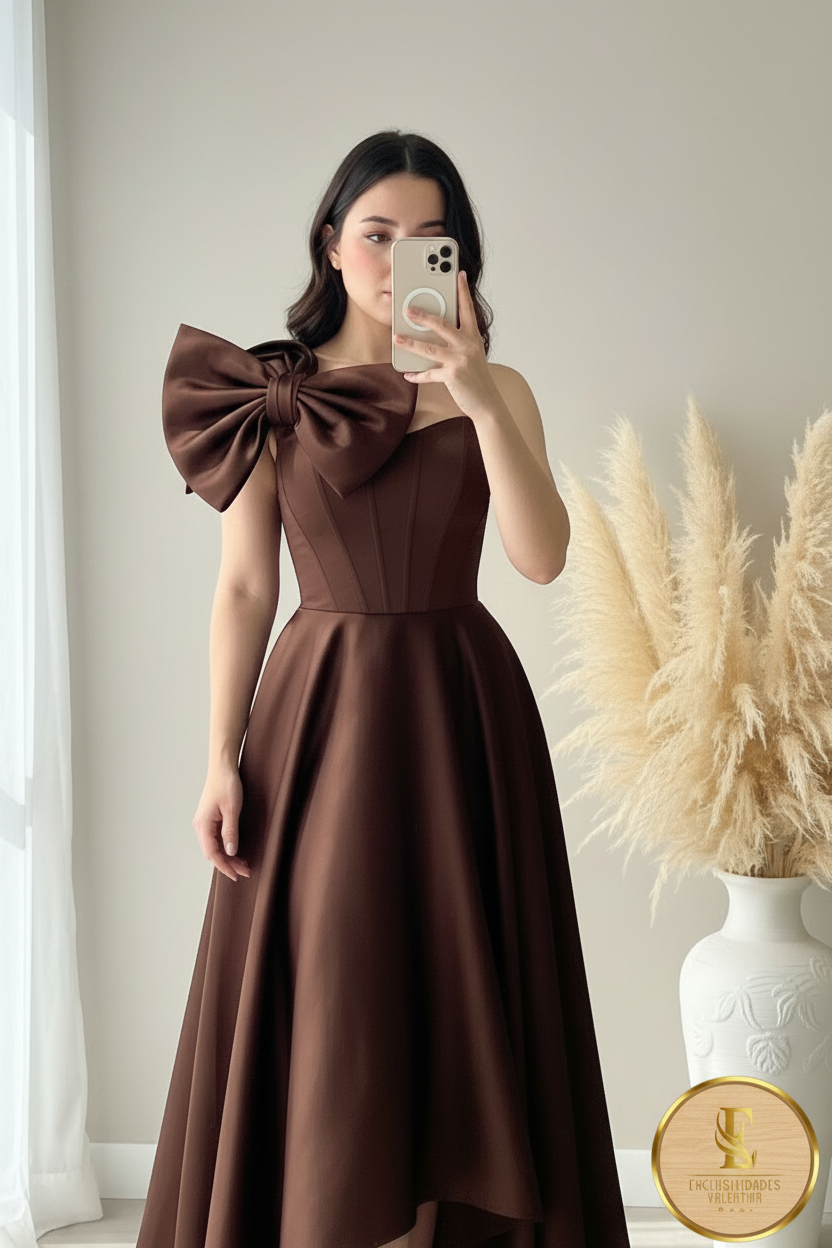 Vestido Chocolate Satén Moño Corsé High-Low cod.0098