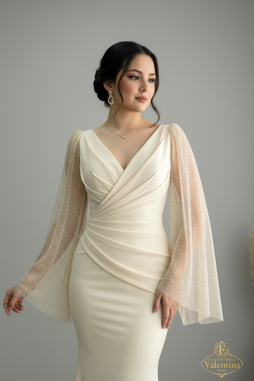Vestido Champagne Escote V Mangas Campana Tul Cristales Sirena cod.929