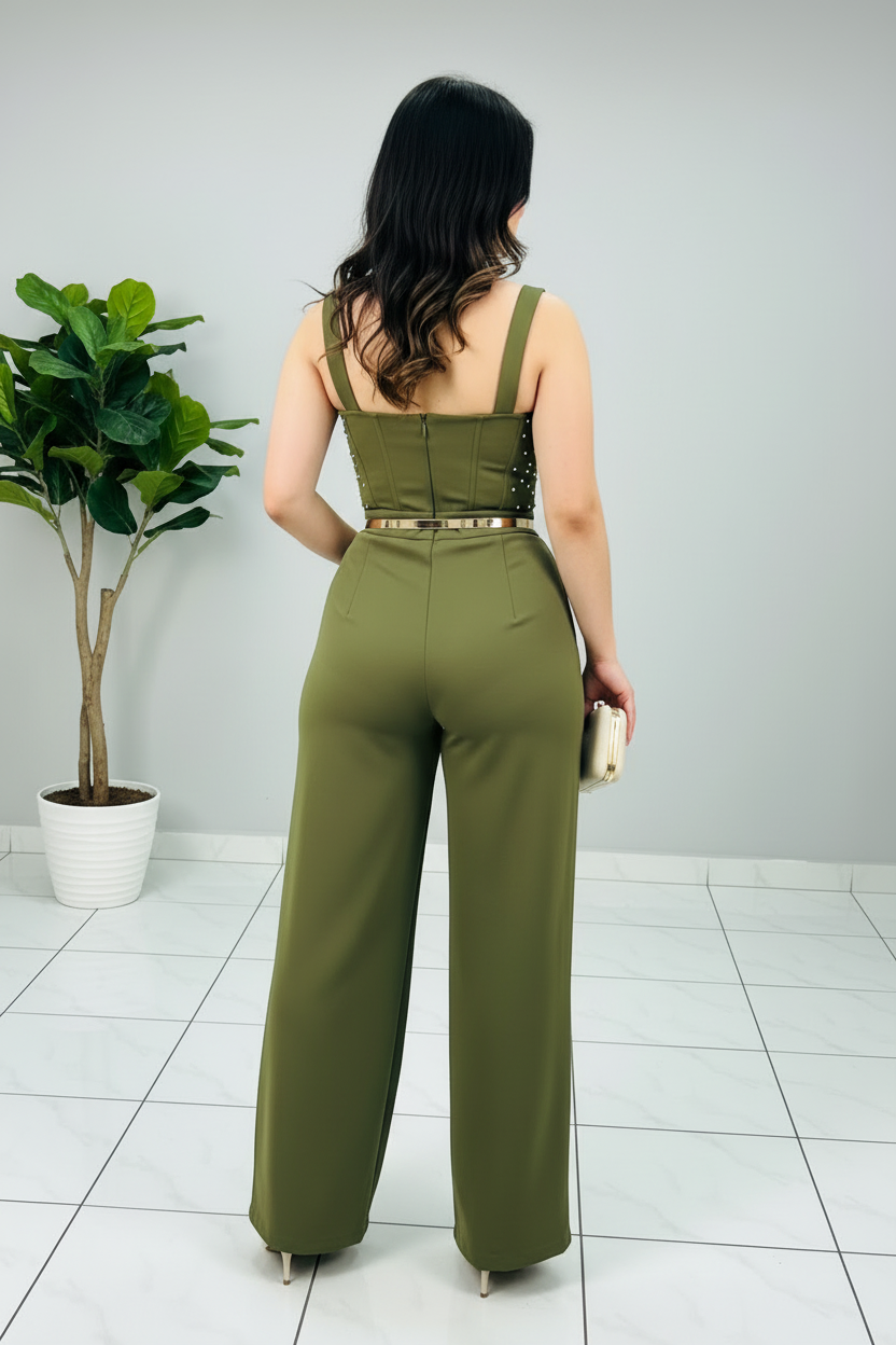Conjunto Verde Oliva Bustier con Perlas Doradas y Pantalón Palazzo cod.554