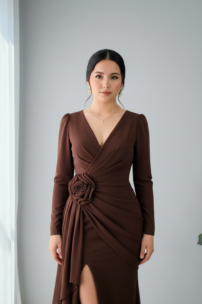 Vestido Chocolate Manga Larga Sirena con Rosa 3D y Volantes cod.969