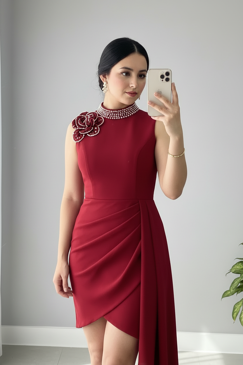 Vestido Rojo Rosa Bordada con Cuello de Perlas cod.945