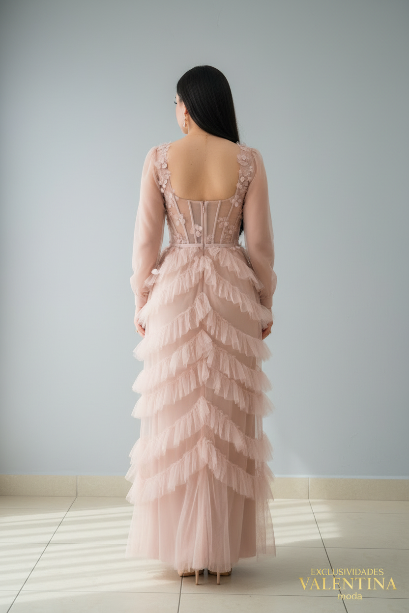 Vestido Rosa Palo Tul Manga Larga Corset con Falda en Capas Escalonada cod.V542