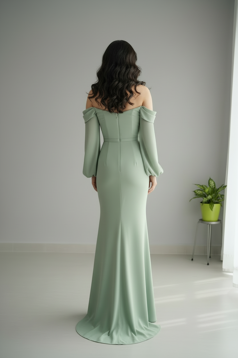 Vestido Verde Salvia Off-Shoulder Mangas Globo Sirena cod.731