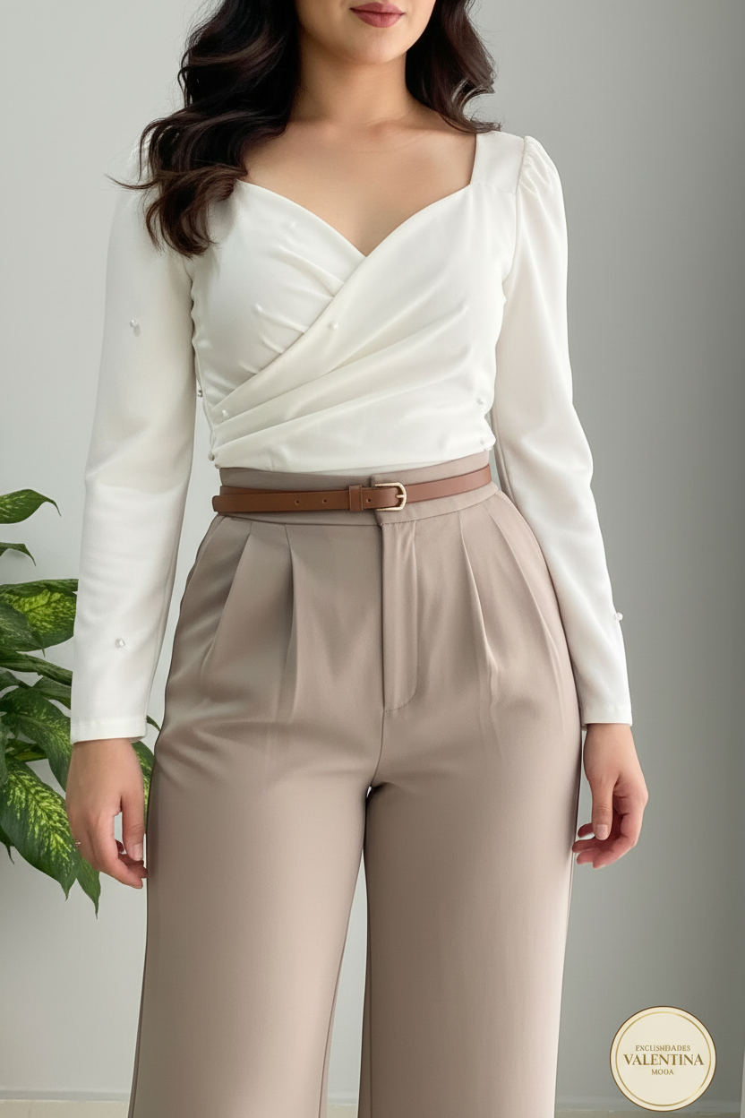 Conjunto 2 Piezas Top Blanco Cruzado y Pantalón Palazzo Beige cod.00131