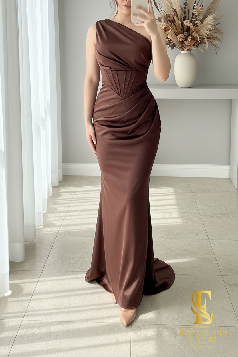 Vestido Sirena Chocolate | Un Hombro y Corsét cod.V437