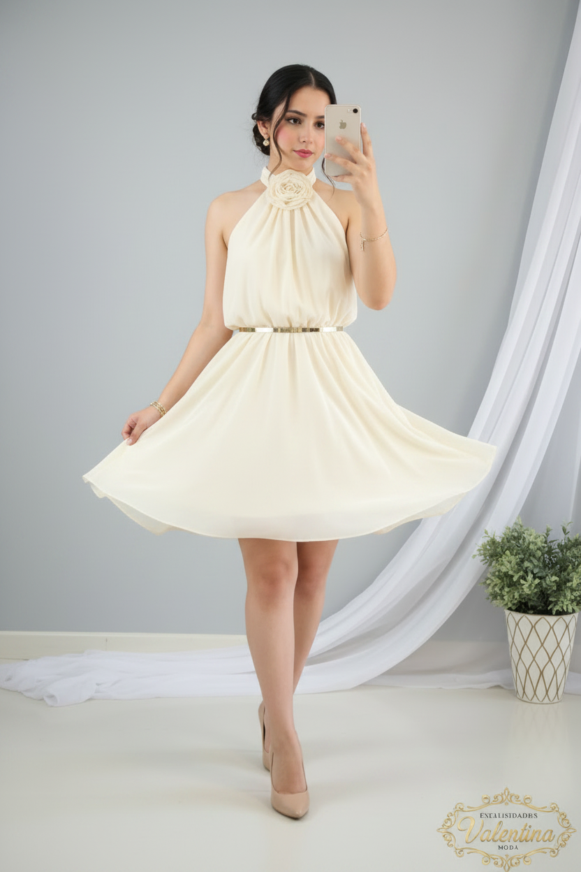 Vestido Crema Halter Rosa 3D Cinturón Dorado Falda A-line Chifón cod.938