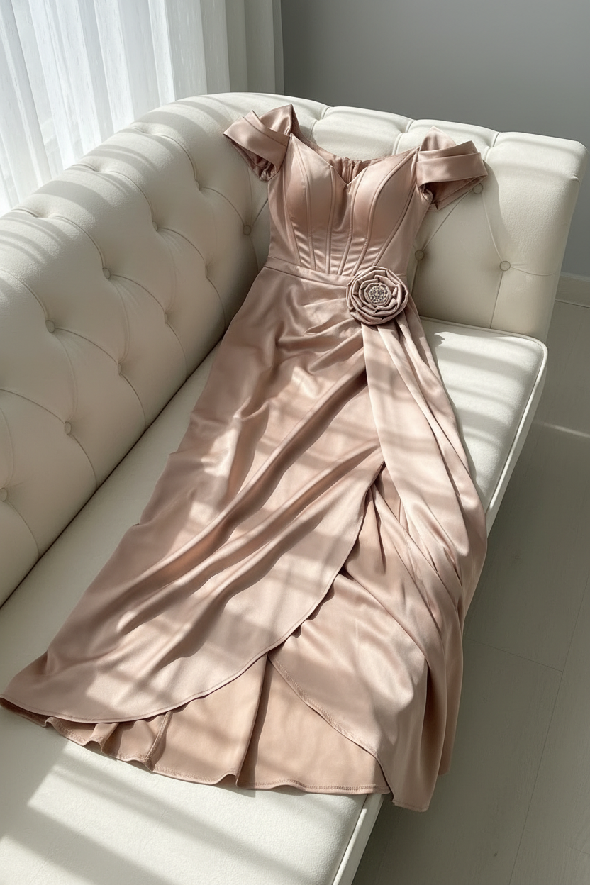 Vestido Corset Champagne Satinado Rosa 3D