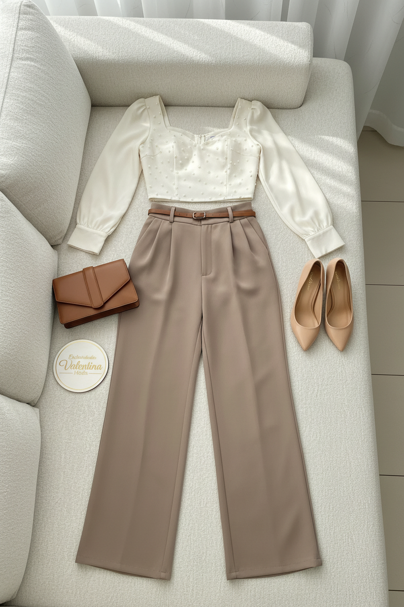 Conjunto 2 Piezas Top Crema Perlas y Pantalón Palazzo Beige cod.00130