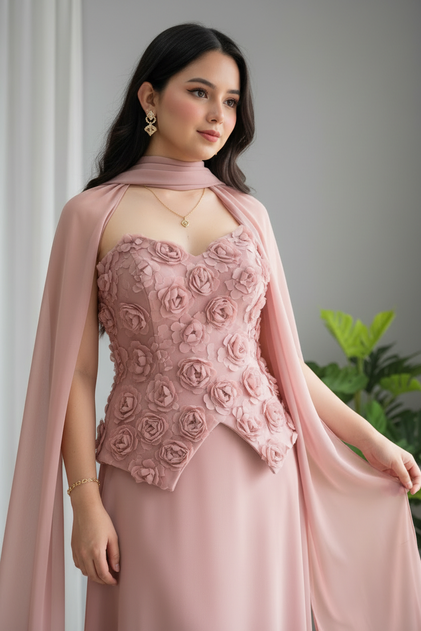 Conjunto Rosa Palo Corset con Rosas 3D y Capa cod.C640