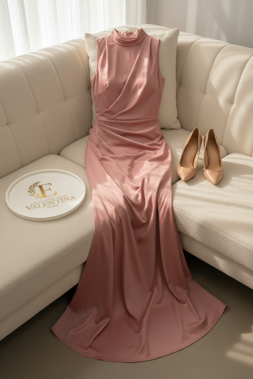 Vestido Rosa Palo Sirena Cuello Alto cod.00157
