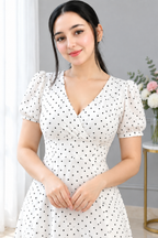 Vestido largo blanco con lunares, escote V y abertura cod. VC006