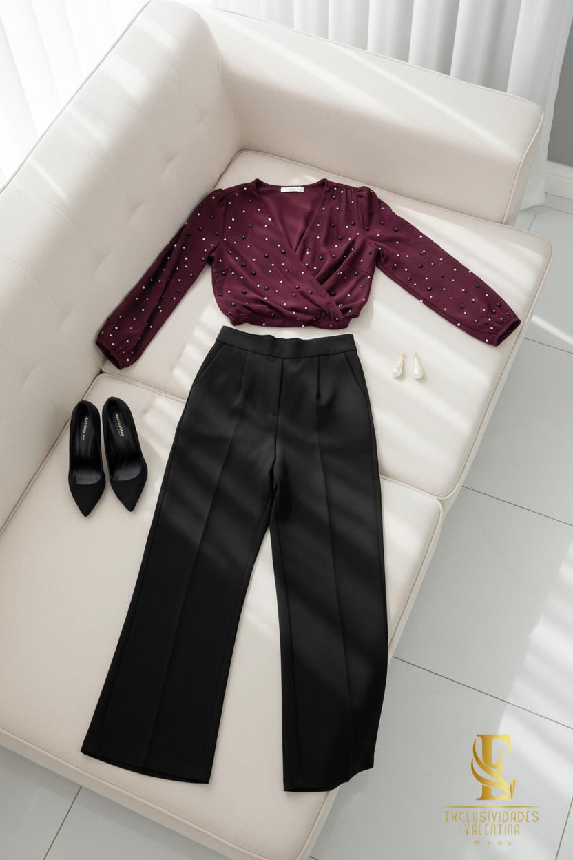 Conjunto Vino Borgoña Blusa Cruzada Perlas + Palazzo Negro cod.C303