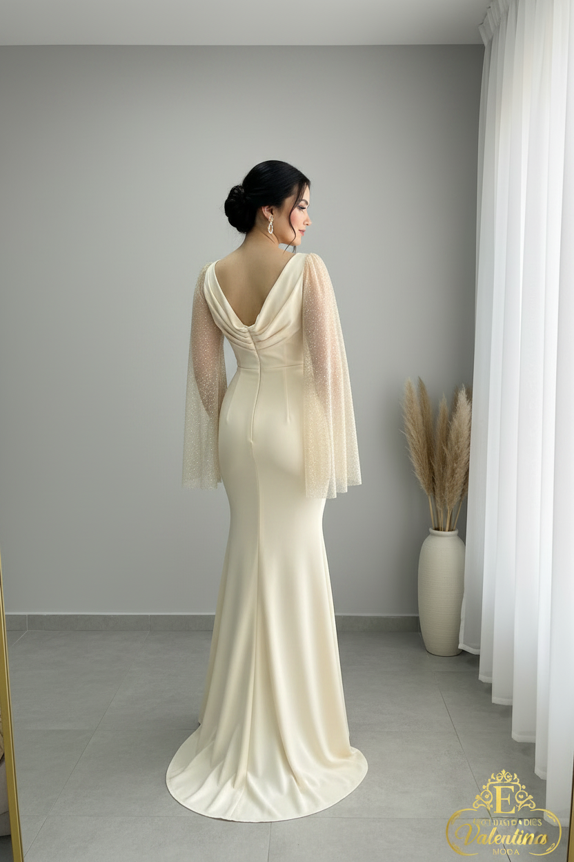 Vestido Champagne Escote V Mangas Campana Tul Cristales Sirena cod.929