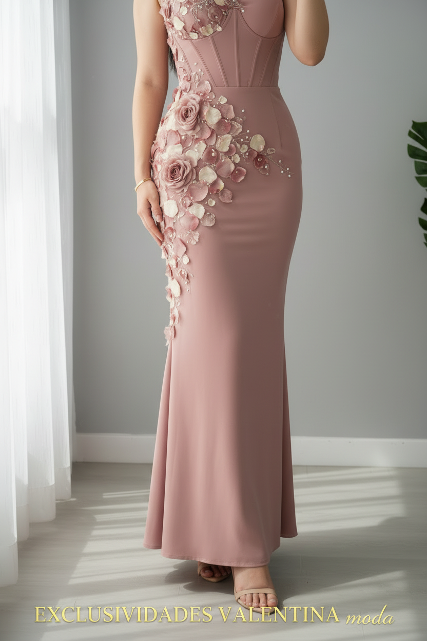 Vestido Maxi Rosa Palo Sirena con Cascada de Flores y Rosas D3 cod.V860