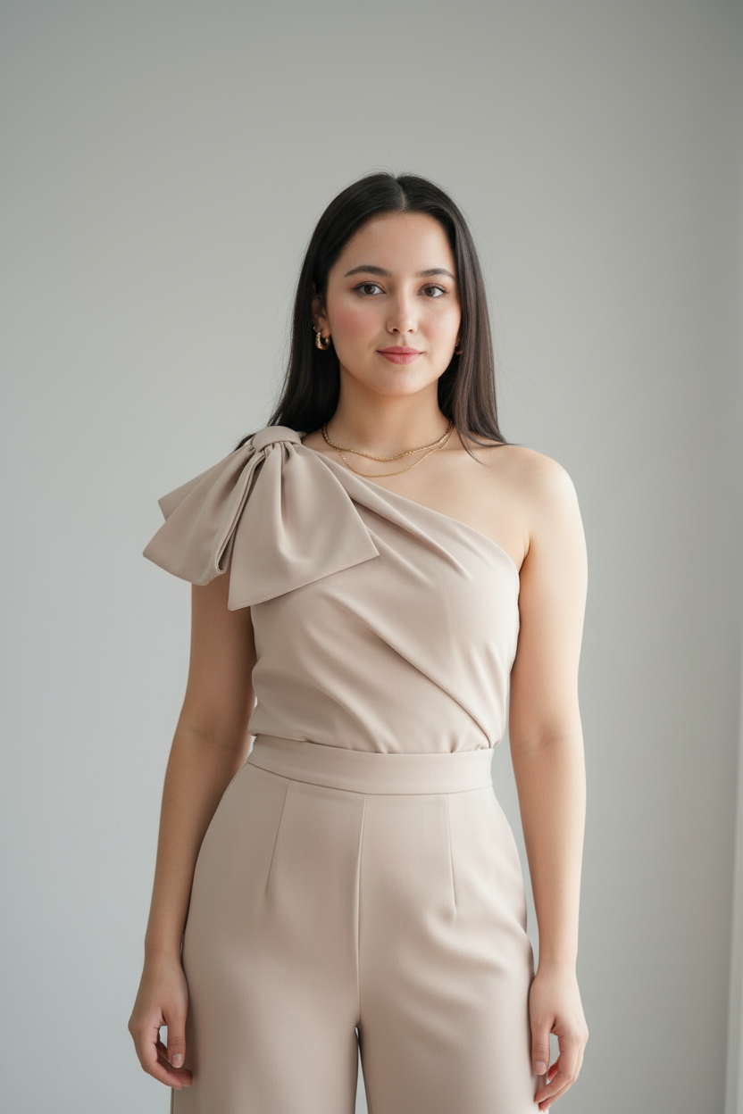 Conjunto Nude Bow – Top Un Hombro Drapeado con Lazo + Pantalón Palazzo Beige cod.699