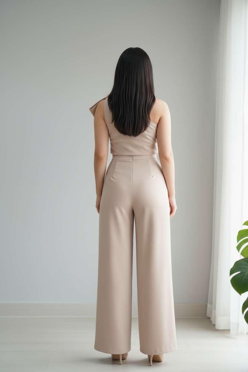 Conjunto Nude Bow – Top Un Hombro Drapeado con Lazo + Pantalón Palazzo Beige cod.699
