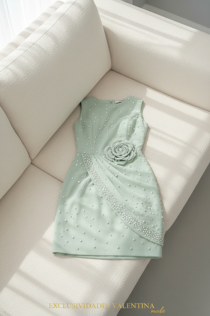 Vestido Verde Menta Corto Rosa 3D y Perlas cod.V735