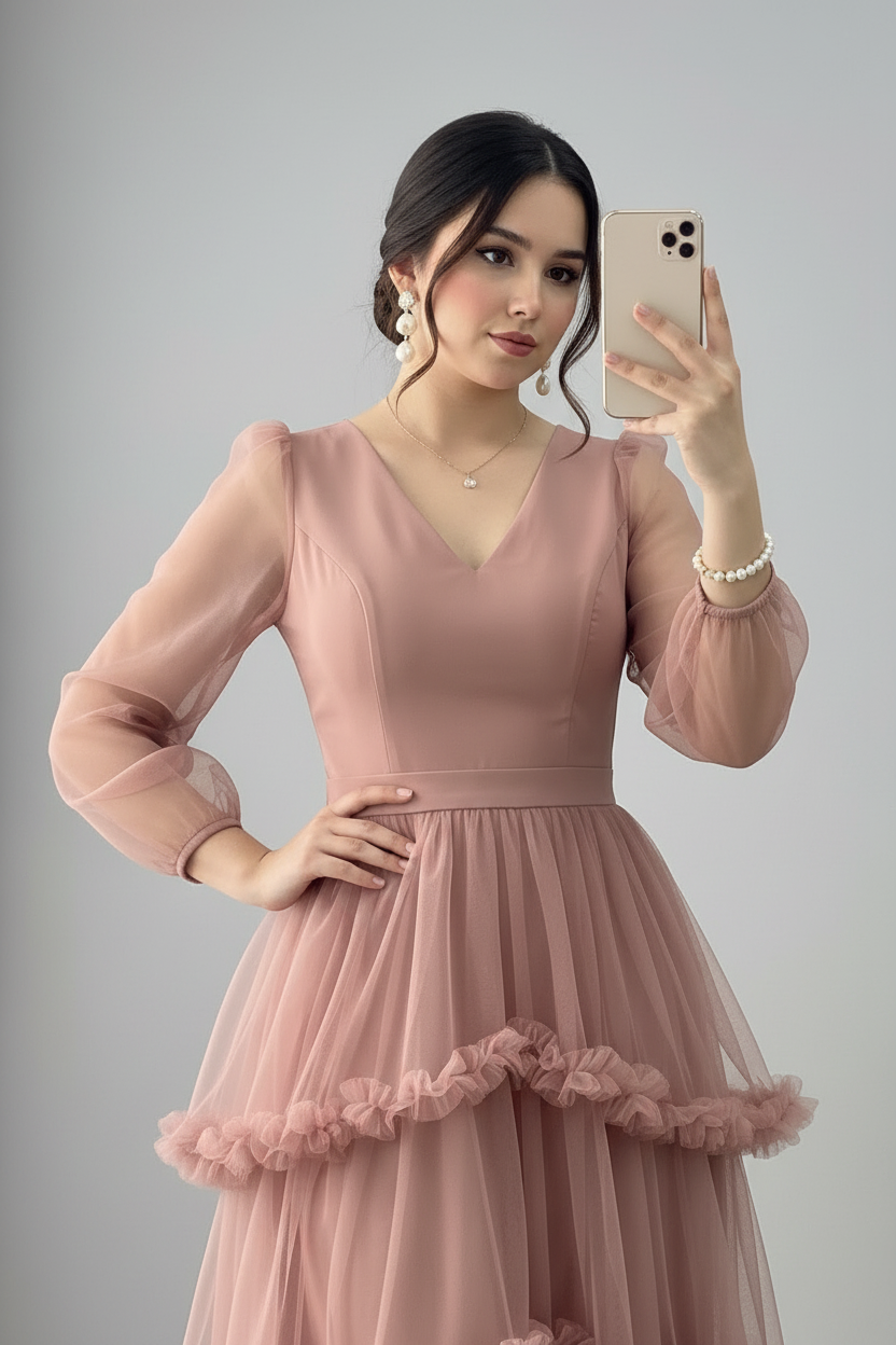 Vestido Rosa Palo Mauve Tul Manga Abullonada Escote V Volantes Cascada cod.827