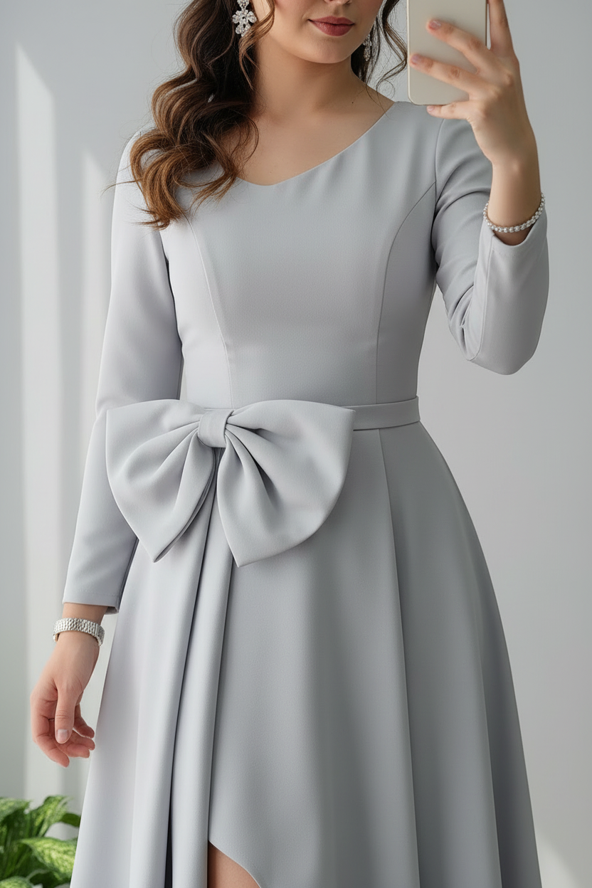 Vestido Gris Perla Mangas Largas con Moño y Falda Asimétrica cod.722