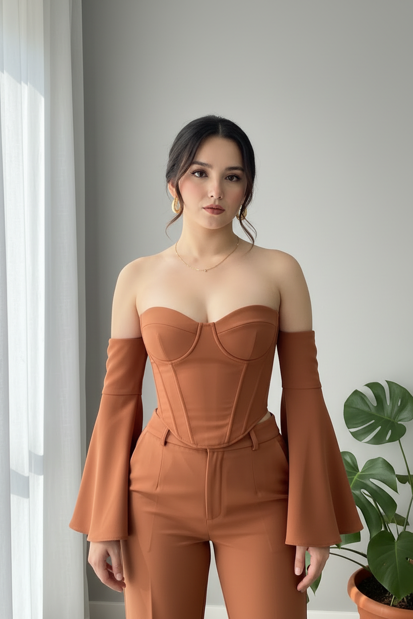 Set Terracota  Off-Shoulder con Mangas Campana Exclusivo cod.802
