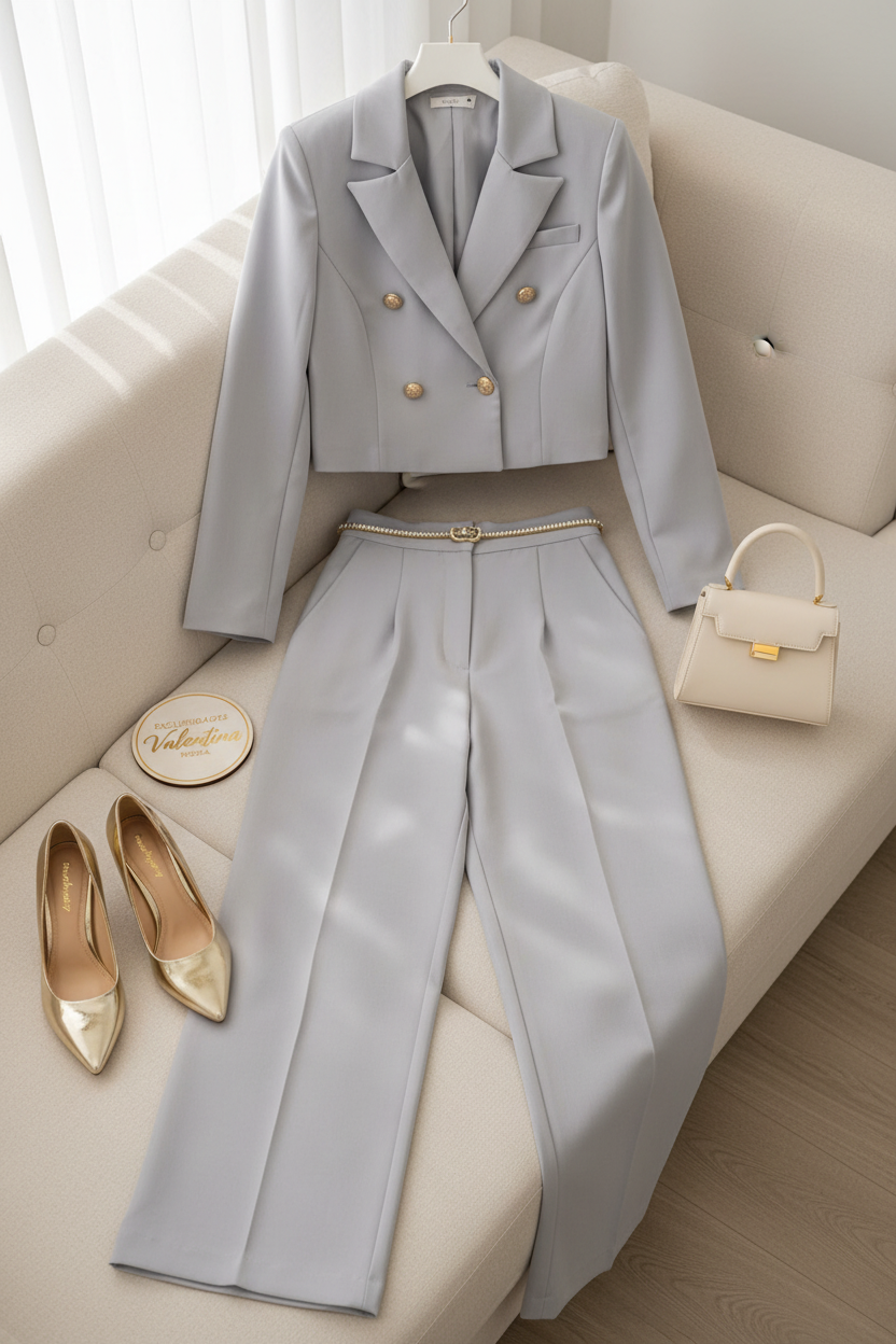 Conjunto 2 Piezas Gris Perla Blazer Cropped Doble Botonadura y Palazzo cod.00144