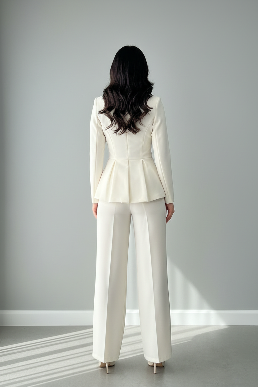 Conjunto Dos Piezas Blanco - Blazer Asimétrico + Pantalón Recto Cod.C838