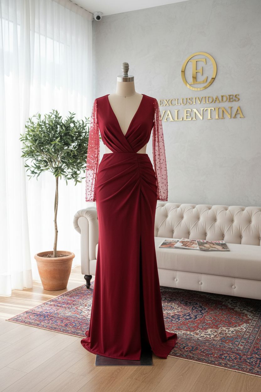 Vestido Vino Largo Escote V Mangas Tul Perlas Cut-Out Slit Gala cod.V593