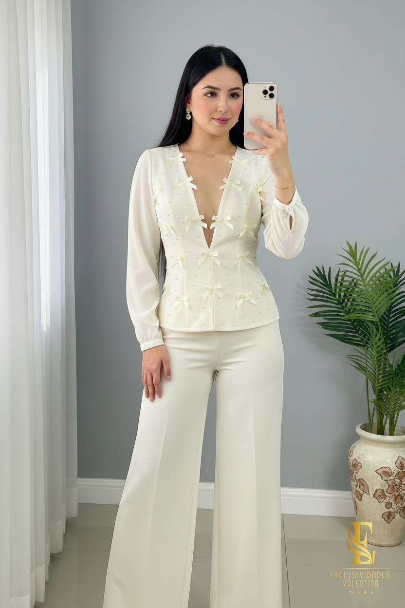Conjunto Marfil — Top Lazos 3D & Palazzo cod.0042