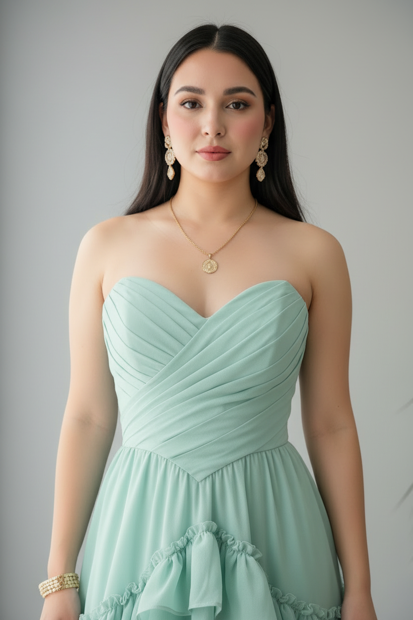 Vestido Verde Menta Strapless Corset Drapeado Cruzado y Falda Volantes en Capas cod.771