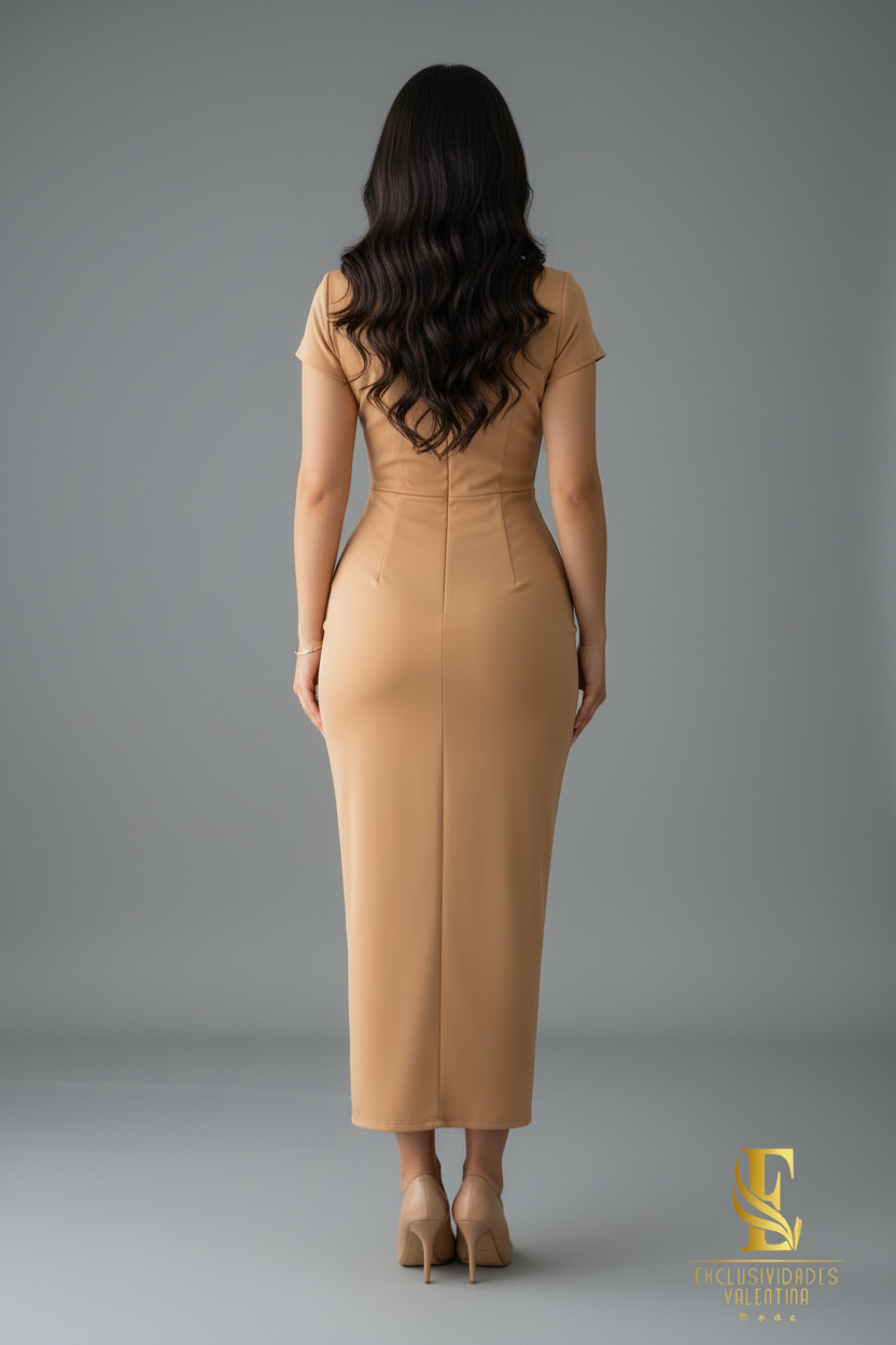 Vestido Dorado Camel con Perlas y Abertura cod.0064
