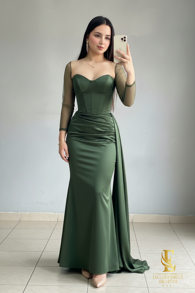 Vestido Verde Olivo Sirena con Corset y Mangas de Tul cod.V276