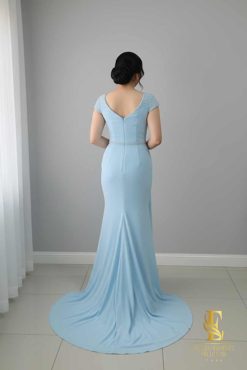 Vestido Sirena Azul Cielo con Manga Casquillo y Cinturón de Cristales cod.V244