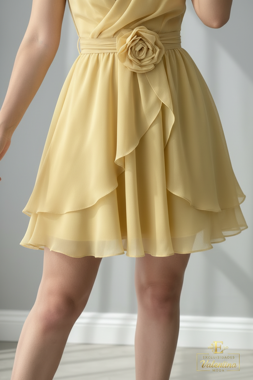 Vestido Amarillo Mantequilla Halter Rosa 3D Falda Capas Chifón cod.931