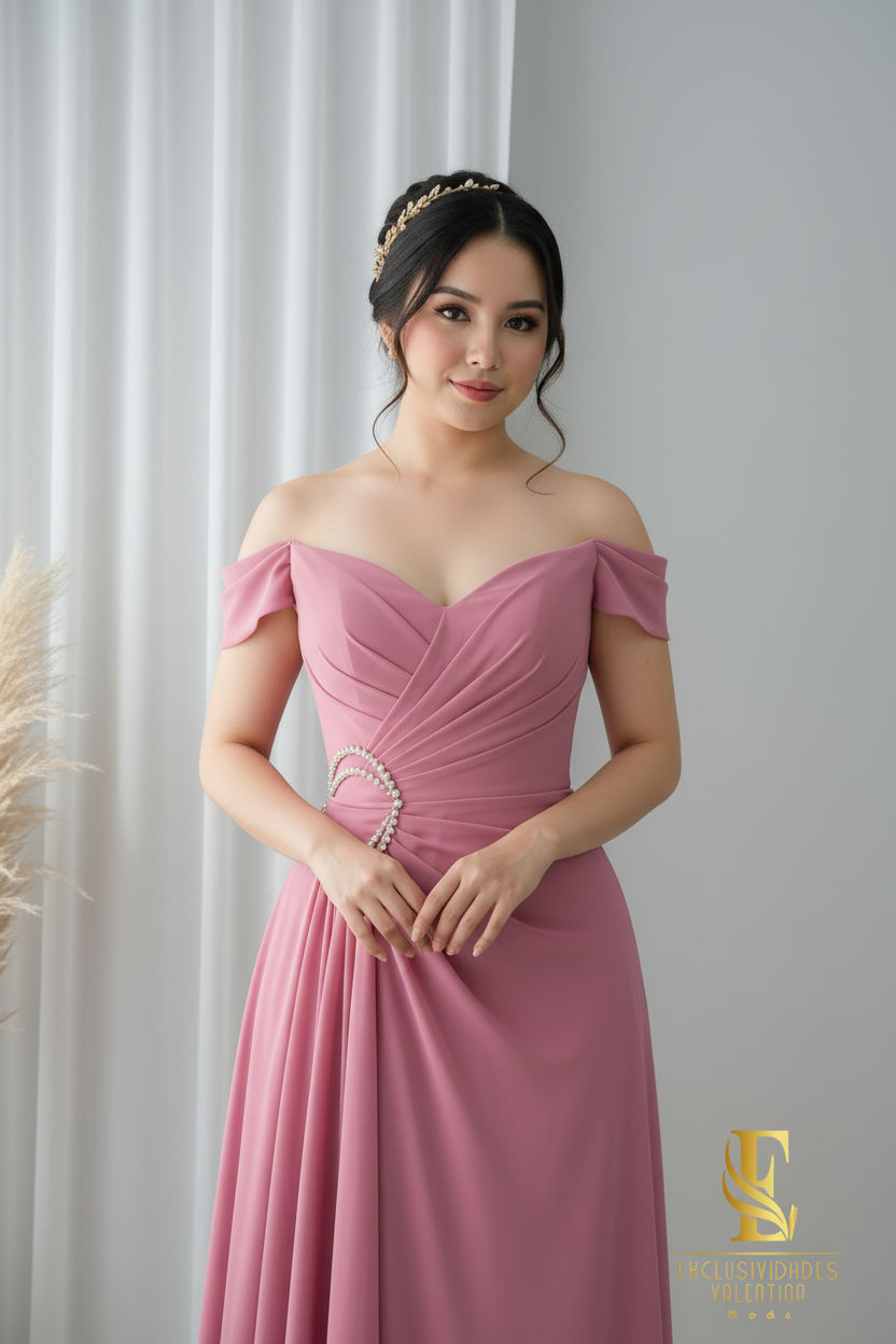 Vestido Rosa Antiguo Off-Shoulder con Broche de Perlas cod.0068