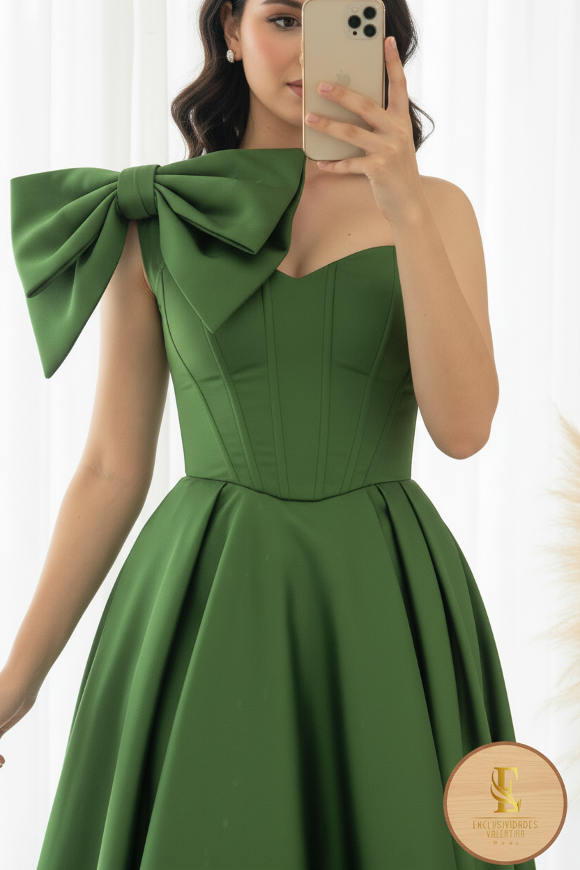 Vestido Verde Esmeralda Satén Moño Corsé High-Low cod.0097