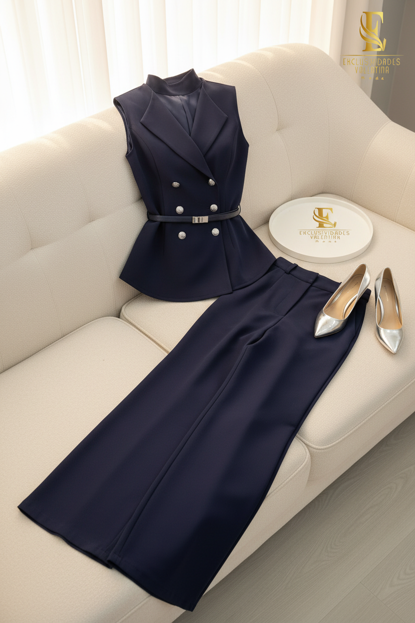 Conjunto Azul Marino Chaleco Blazer Doble Botonadura + Palazzo cod.00179