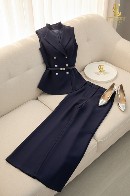 Conjunto Azul Marino Chaleco Blazer Doble Botonadura + Palazzo cod.00179