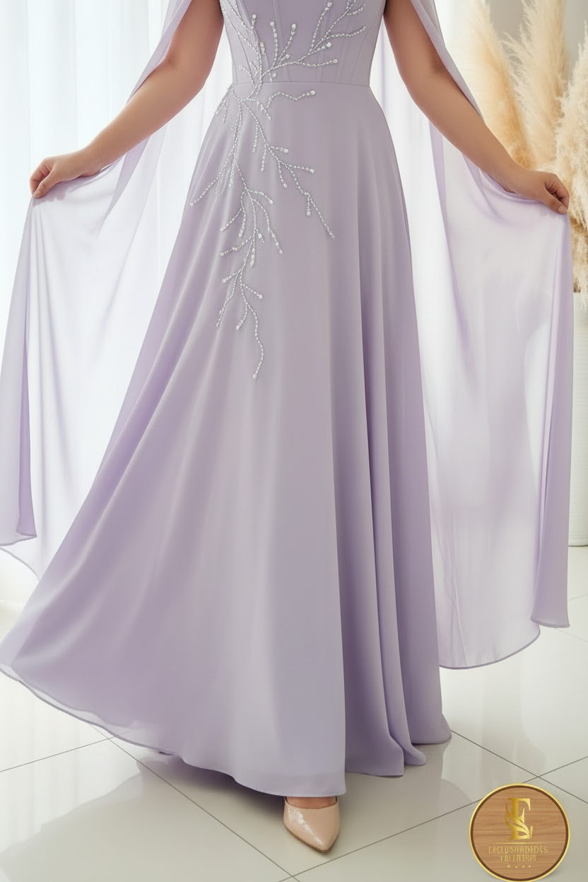 Vestido Lila Lavanda Strapless A-Line Capa Halter Bordados Cristal cod.00107