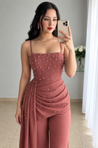 Enterizo Rosa Terracota Bustier Perlas Drapeado Lateral Pantalón Recto cod.E0005