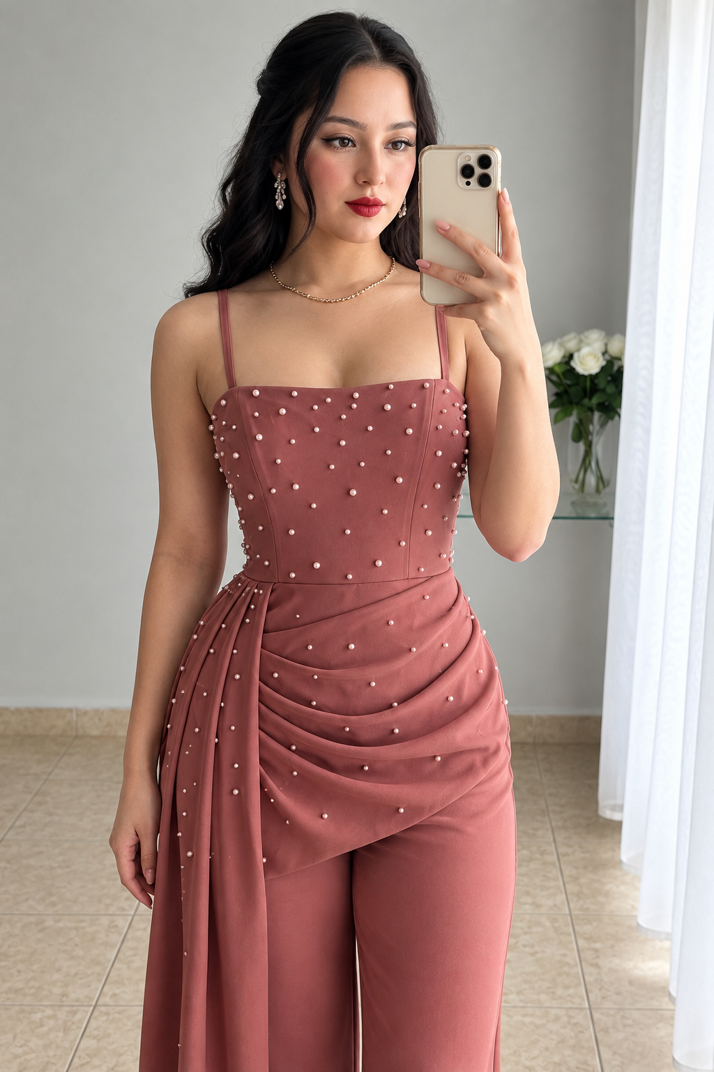Enterizo Rosa Terracota Bustier Perlas Drapeado Lateral Pantalón Recto cod.E0005