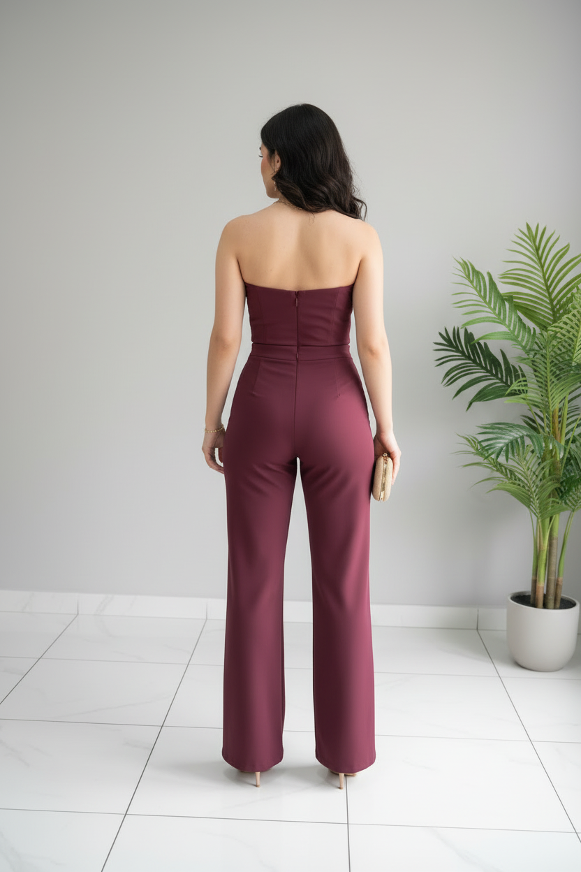 Conjunto Elegante Vino Borgoña Top Strapless con Lazo y Pantalón Wide Leg cod.514